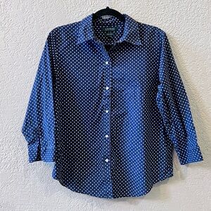 Lauren Ralph Lauren Blue & White Polka Dot 3/4 Sleeve Blouse Shirt Med Cotton